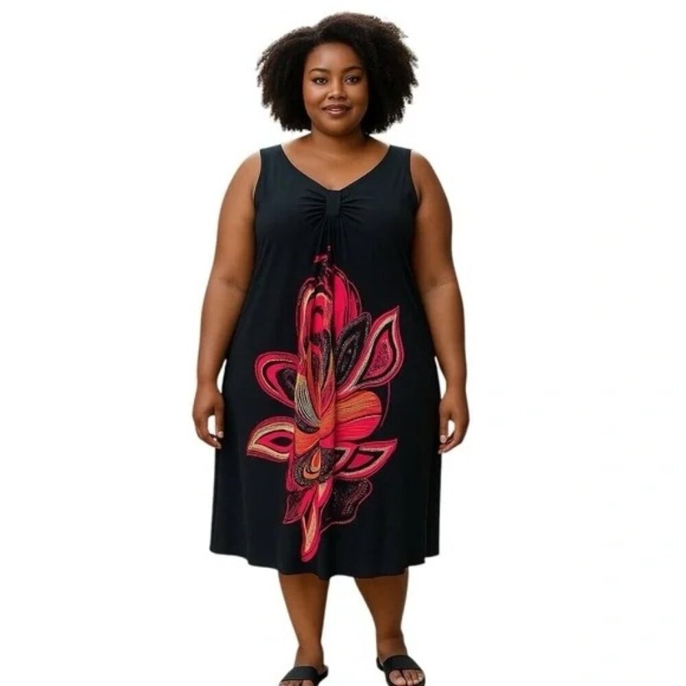 Lane Bryant Floral Print Sleeveless Maxi Dress 26/28 Black & Pink Stretch Polyes